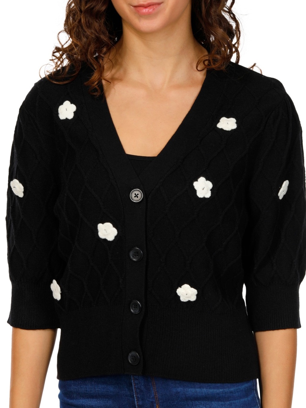NVLT Black V-Neck Button Cardigan with White Floral Appliqués